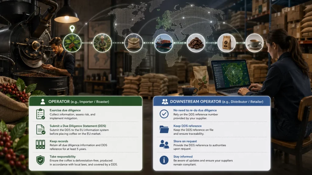 Operator responsibilities such as importers and roasters compared to downstream operator responsibilities such as distributors and retailers under EUDR
