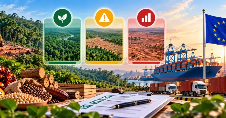 Three landscape cards in green, amber and red showing intact forest, patchy clearing and extensive clearing, over palm fruit, soy, cocoa and logs, a checklist, trucks, a ship and the EU flag