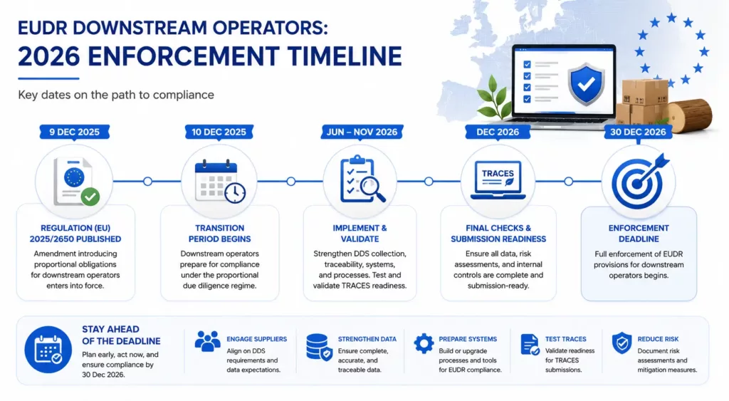 A 2026 enforcement timeline graphic for downstream operators with dates from 9 December 2025 to 30 December 2026 and five preparation actions
