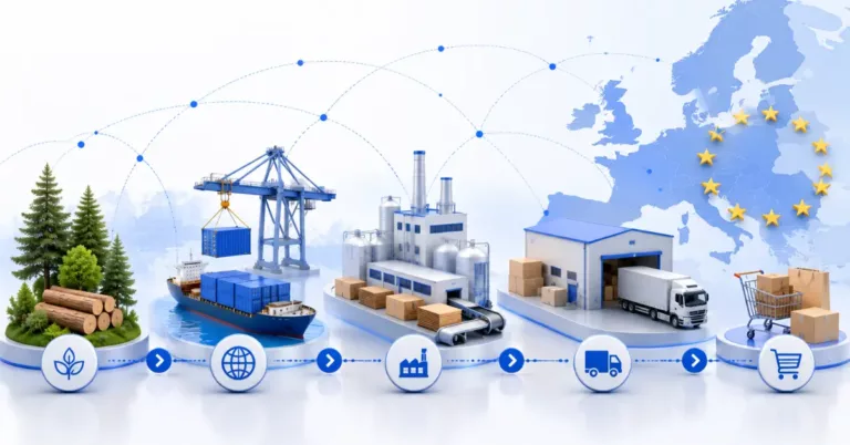 A five-stage supply chain on platforms from forest and logs through shipping, a factory and a warehouse with a truck to retail, under an EU map
