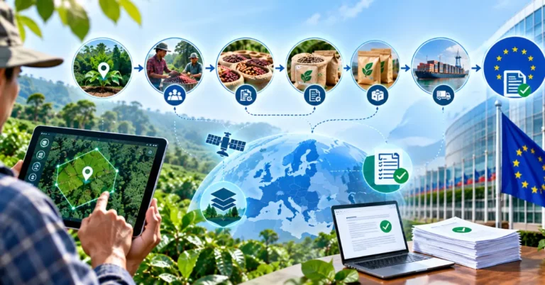 Field agent mapping plot geolocation on a tablet, connected to a harvest-to-shipment chain and a validated Due Diligence Statement document under the EU flag