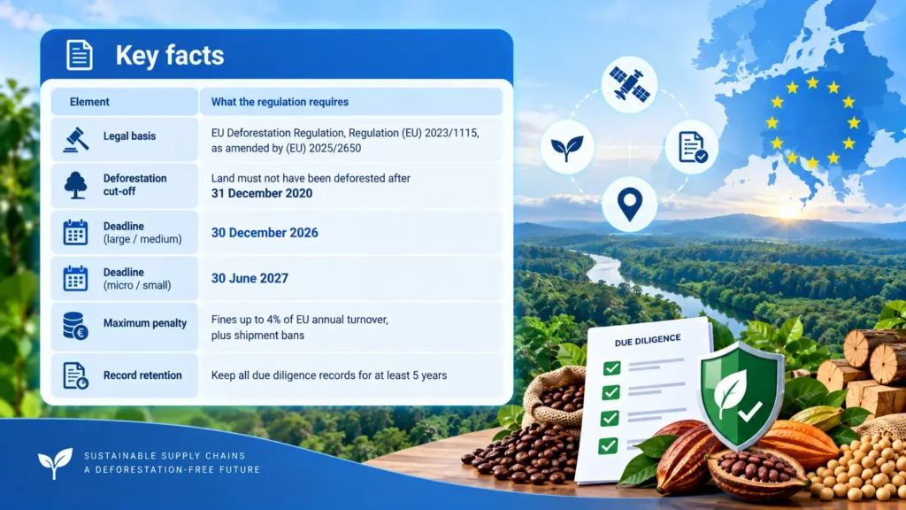 Key facts table showing the EUDR legal basis, deforestation cut-off, deadlines for large and small operators, maximum penalty and record retention requirement