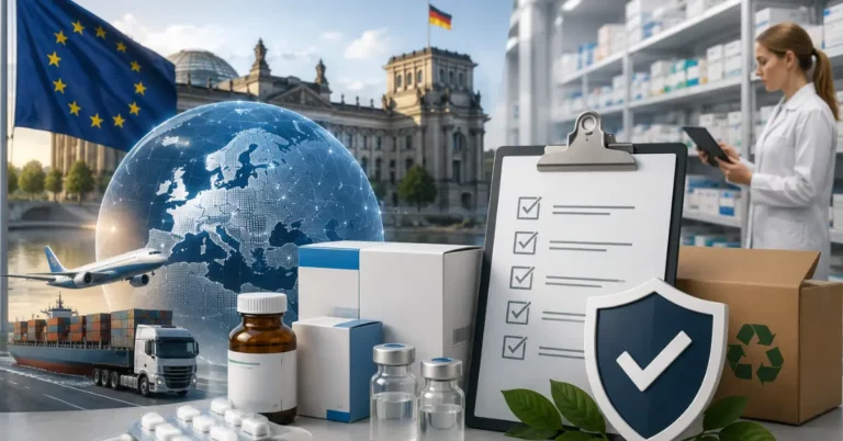 Pharmaceutical primary and secondary packaging with import logistics in front of the Reichstag and German and EU flags