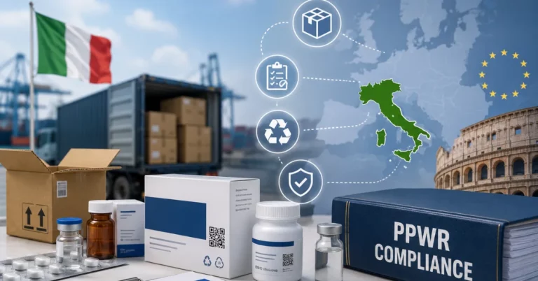 Pharmaceutical packaging with the Italian flag, Colosseum and a PPWR Compliance reference binder