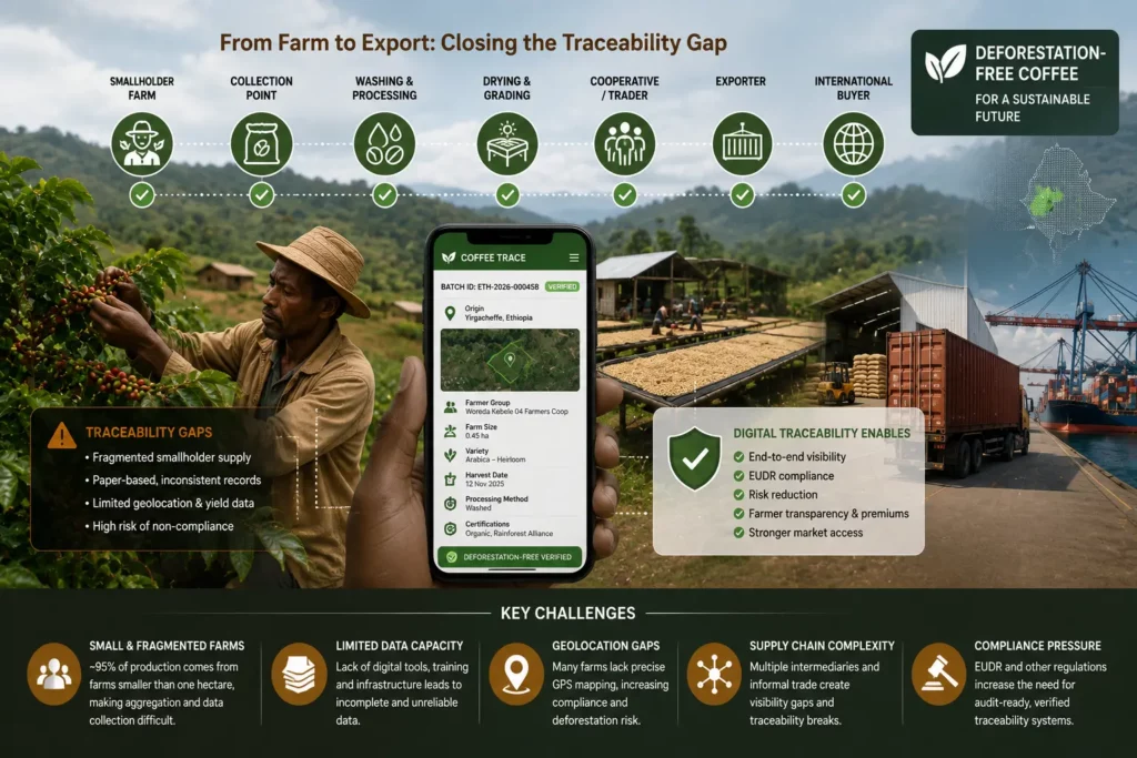 From farm to export traceability chain for Ethiopian coffee, closing the gap from smallholder farm to international buyer