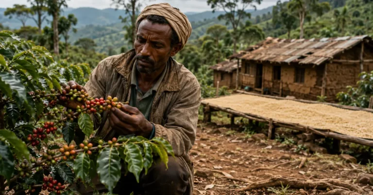 Smallholder Ethiopian coffee farmer inspecting cherries near a traditional home and drying beds