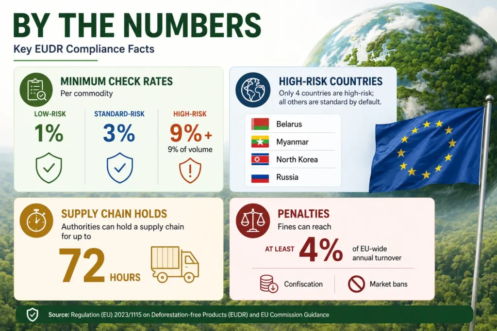 EUDR audit statistics: 1, 3 and 9 percent minimum check rates, four high-risk countries, 72-hour holds, and 4 percent turnover fines