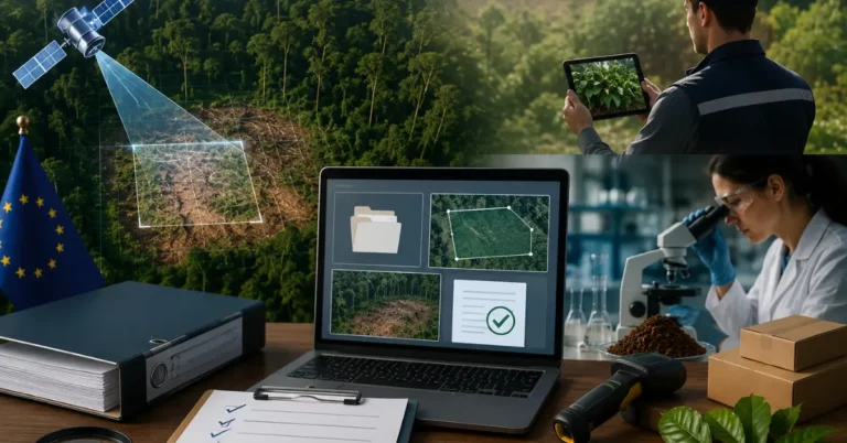 EUDR audit layers: satellite forest monitoring, a field auditor with a tablet, and lab isotope or DNA testing