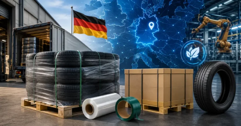 Shrink-wrapped tyre pallet, stretch film and strapping in front of a Germany-highlighted digital map and factory