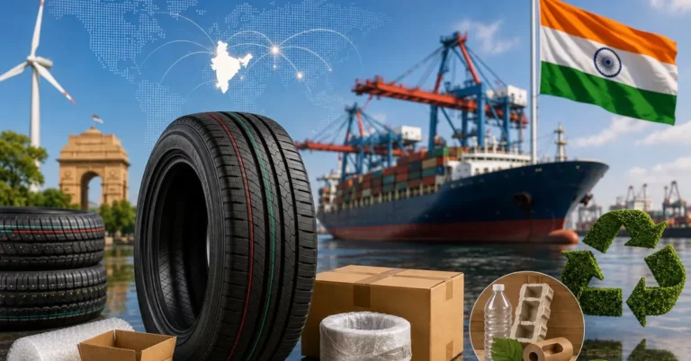 Tyres with export packaging in front of India Gate, a cargo ship and the EU flag, illustrating PPWR compliance for Indian tyre exporters