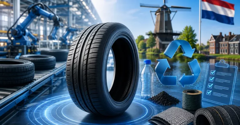 Tyre manufacturing line with recyclable packaging materials and a compliance checklist in front of the Dutch flag and a windmill
