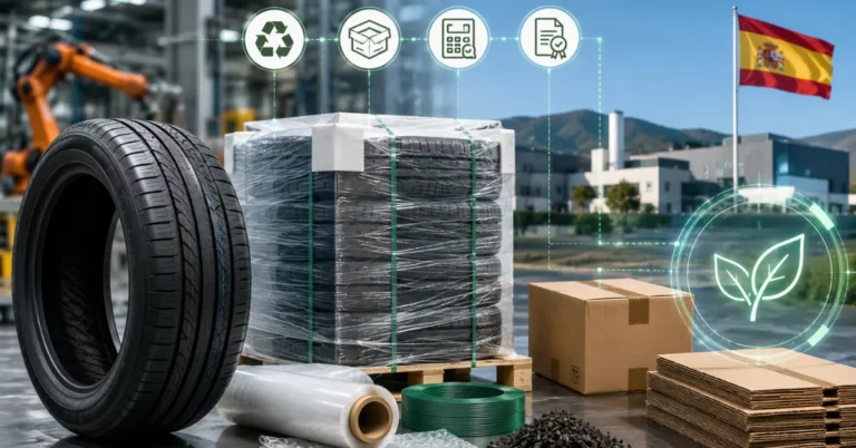 Shrink-wrapped tyre pallet with stretch film, banding and cardboard at a Spanish tyre plant under PPWR