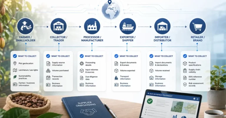 Supplier onboarding in EUDR checklist by role: farmer, collector, processor, exporter, importer and retailer