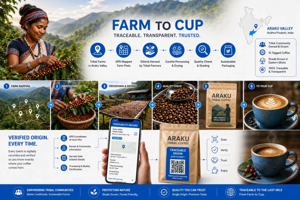 Farm-to-cup traceability journey for Araku tribal coffee, from GPS-mapped farms to a QR-verified pack