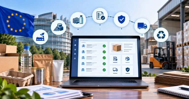 PPWR Supplier Data Requirements, Supplier data dashboard on a laptop with an icon chain from manufacturing through material composition, documentation, conformity, transport and recycling