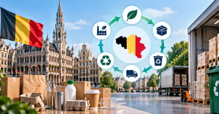 Belgian flag and Brussels Grand Place with a Belgium-shaped map showing a sustainability-packaging-waste-transport-recycling-manufacturing cycle, packaging materials and a delivery truck