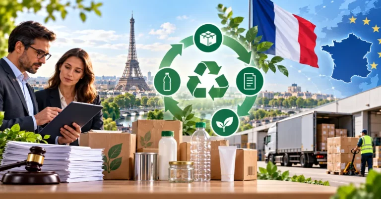Eiffel Tower and French flag with two professionals reviewing compliance data on a tablet, packaging materials, a gavel and a delivery truck