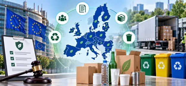 EU map with packaging compliance icons for registration, documentation, packaging and waste disposal across member states, alongside a compliance checklist, gavel and colour-coded recycling bins