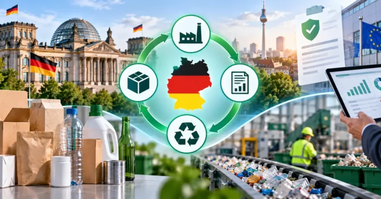 Germany map with a manufacture-report-recycle-package cycle in front of the Reichstag and Berlin TV Tower, alongside packaging materials and a recycling sorting line.