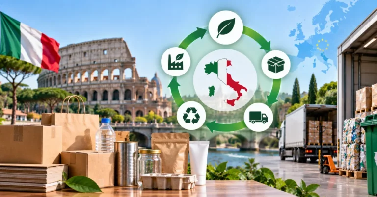 Italian flag and Colosseum with an Italy-shaped map showing a manufacture-package-transport-recycle cycle, alongside packaging materials and a delivery truck