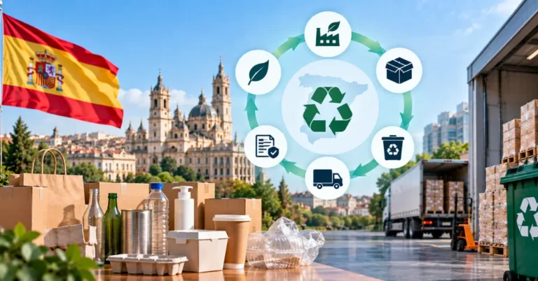 Spanish flag and cathedral skyline with a Spain-shaped map showing a manufacture-package-recycle-transport-declaration cycle, packaging materials and a delivery truck
