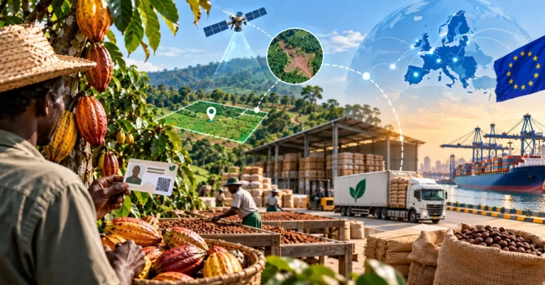 Ivorian cocoa farmer holding a QR-coded producer card, with satellite deforestation monitoring, a mapped plot, drying cocoa and EU-bound shipping