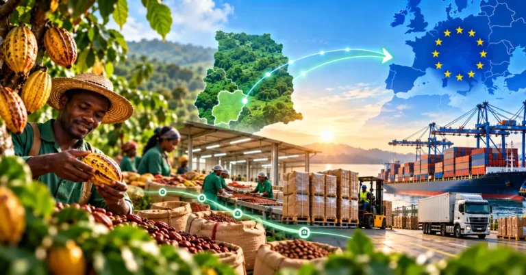Ghana-shaped map with a traced route to the EU, farmers processing cocoa pods at a warehouse, and a secured traceability chain to export shipping