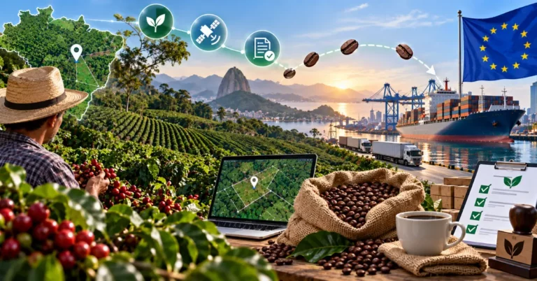 Brazilian coffee farmer with a Brazil-shaped geolocation map, a plot-mapping dashboard, coffee beans flowing to the EU flag and shipping port, and a completed compliance checklist