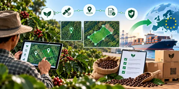 Farmer using a tablet showing plot geolocation, with a single GPS point for a small plot and a full boundary polygon for a larger plot, next to EU-bound shipping