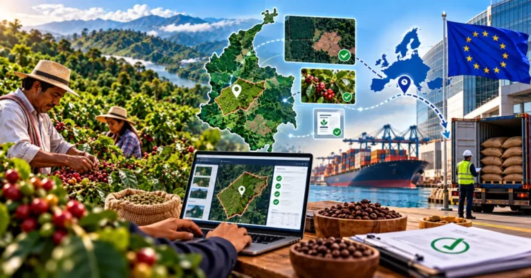 Colombia-shaped map with plot geolocation pinned, coffee farmers harvesting cherries against the Andes, a matching plot-mapping dashboard, and coffee sacks moving to EU-bound shipping