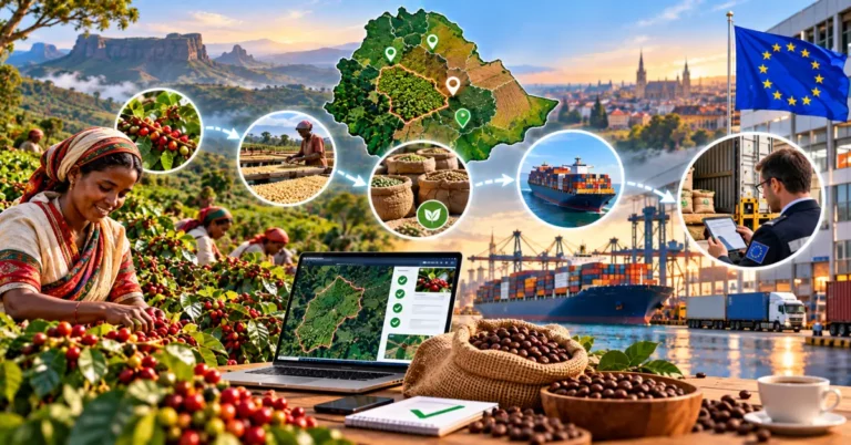 Ethiopian coffee farmers harvesting cherries with mapped plots pinned on the highlands, drying beds, a plot dashboard on a laptop, and a customs officer reviewing shipment with a tablet