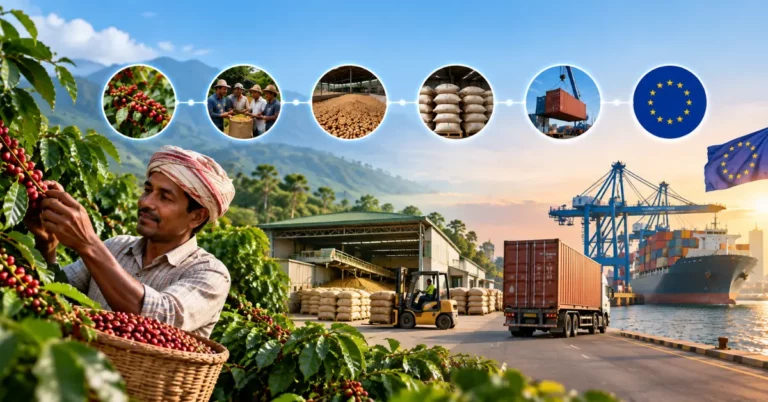 Indian coffee farmer harvesting cherries with a six-stage chain from harvest through collection, curing, sacking and port loading to the EU