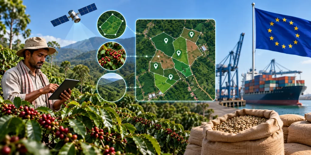 Indian coffee exporter capturing plot-level geolocation with a tablet and satellite, showing multiple mapped farm plots and export-ready coffee sacks bound for the EU
