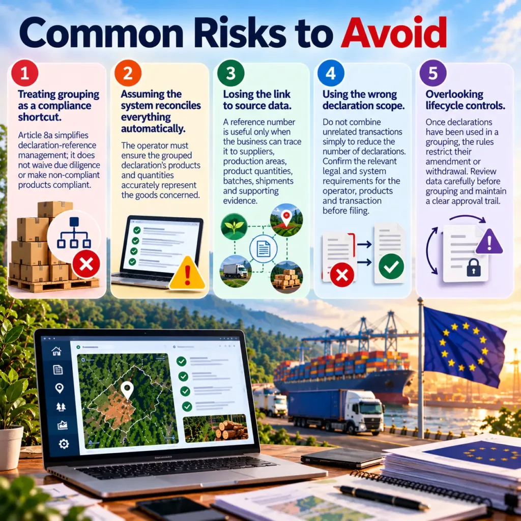 Five common risks to avoid: treating grouping as a compliance shortcut, assuming the system reconciles everything automatically, losing the link to source data, using the wrong declaration scope and overlooking lifecycle controls