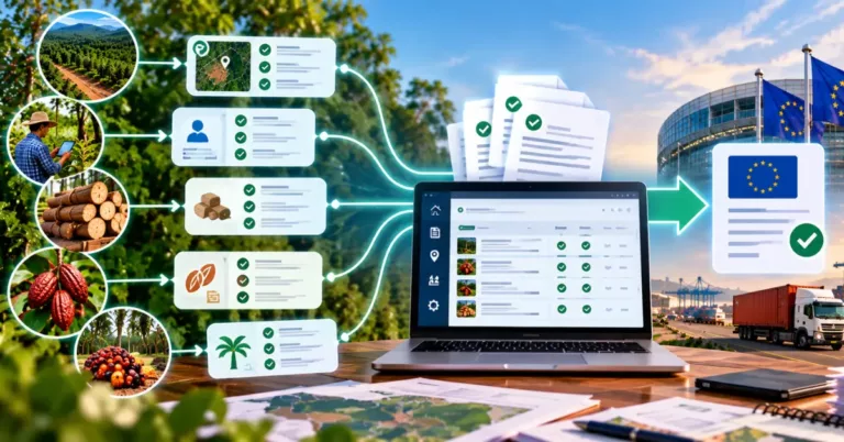 Five source streams of plots, suppliers, timber, cocoa and palm, each with a ticked checklist, flowing into one laptop dashboard and out as a single EU declaration beside an EU building and port shipping
