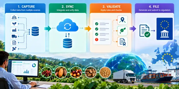 Four-layer EUDR ERP integration process: capture data from multiple sources, sync and unify data in the cloud, validate with geolocation and risk checks, and file to regulators