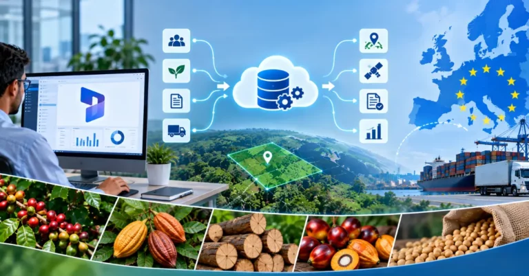 Microsoft Dynamics 365 interface feeding supplier, material and document data into a cloud compliance layer that outputs geolocation, satellite verification and compliance documents, with EU-bound shipping