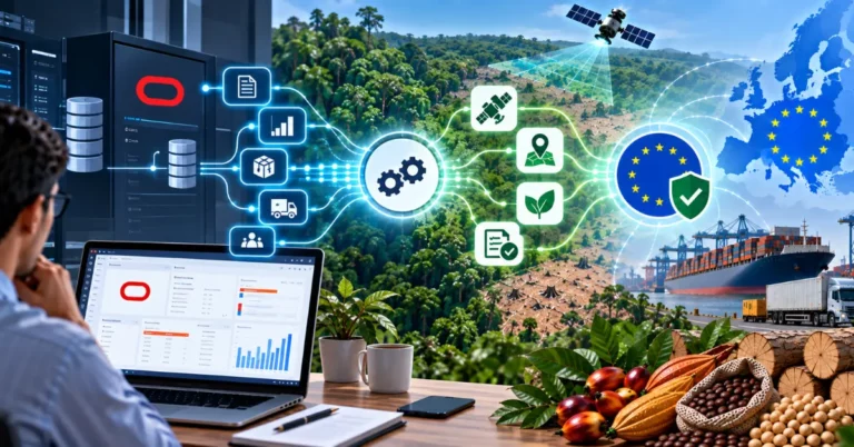 Oracle ERP interface feeding supplier and material data through a compliance engine into geolocation, satellite verification and EU compliance, with EUDR commodities and EU-bound shipping
