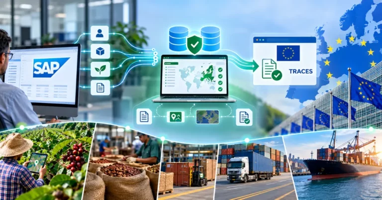 SAP system feeding supplier, material and sustainability data into a compliance dashboard with geolocation mapping, flowing to a TRACES filing document under the EU flag