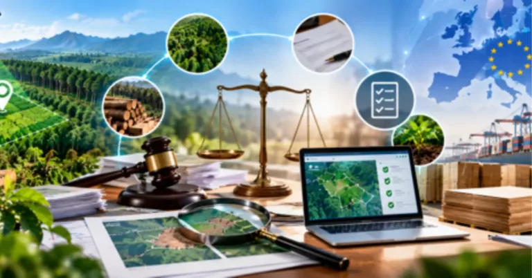 Scales of justice and a gavel beside a magnifier over a before and after plot map, permits and a checklist, a satellite-verified plantation polygon, logs and coffee, a laptop dashboard, timber stacks and a port under the EU map