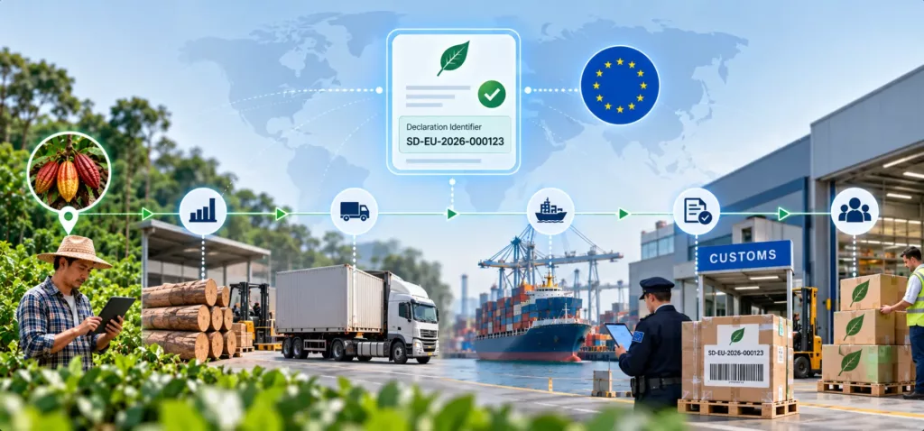 A producer with a tablet, cocoa and logs, a truck, a ship and customs inspection, with a declaration identifier card linking to carton labels at the EU buyer's warehouse