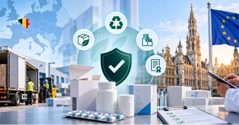 Pharmaceutical packaging with the Belgian flag, Brussels town hall and a compliance checklist in front of an import warehouse