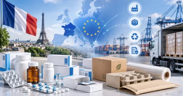 Pharmaceutical packaging with the French flag, Eiffel Tower and sustainable packaging materials in front of a shipping port