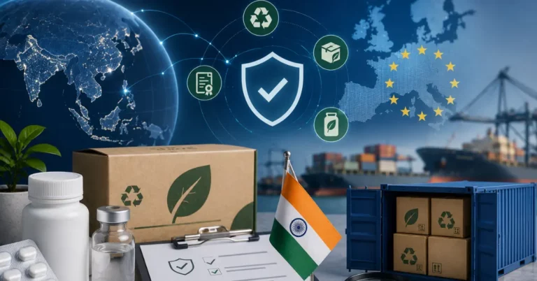 Pharmaceutical packaging with the Indian flag, an export compliance checklist, and shipping containers bound for the EU
