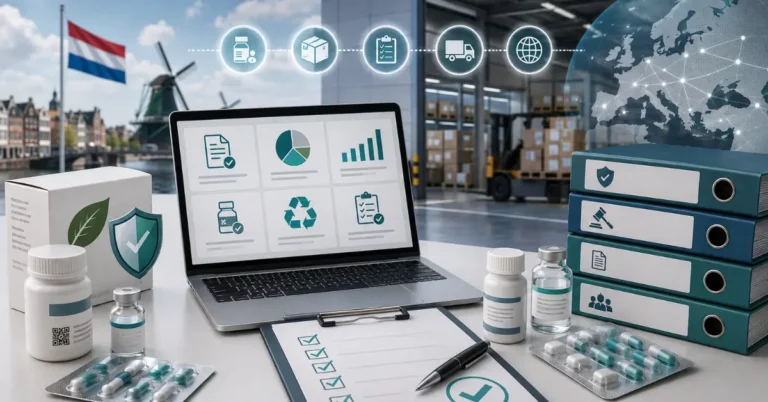 Pharmaceutical packaging with a compliance dashboard, Dutch flag and windmills, and reference binders
