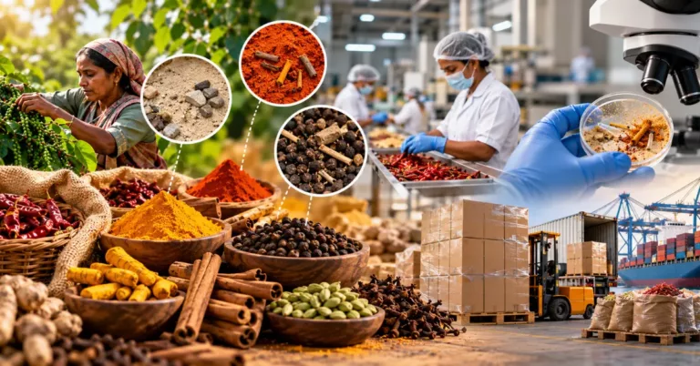 Pepper harvest and bowls of chilli, turmeric, pepper, cinnamon, cardamom and cloves with call-outs showing stones and bark fragments mixed into spice, a lab technician with a petri dish and microscope, a processing line and an export port