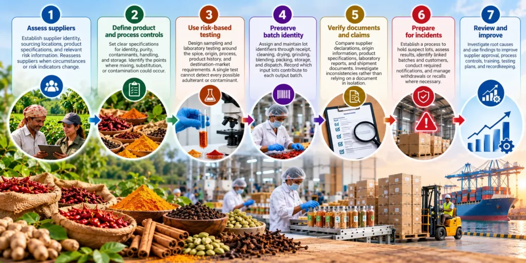 A seven-step prevention framework for spice businesses: assess suppliers, define product and process controls, use risk-based testing, preserve batch identity, verify documents and claims, prepare for incidents, and review and improve

