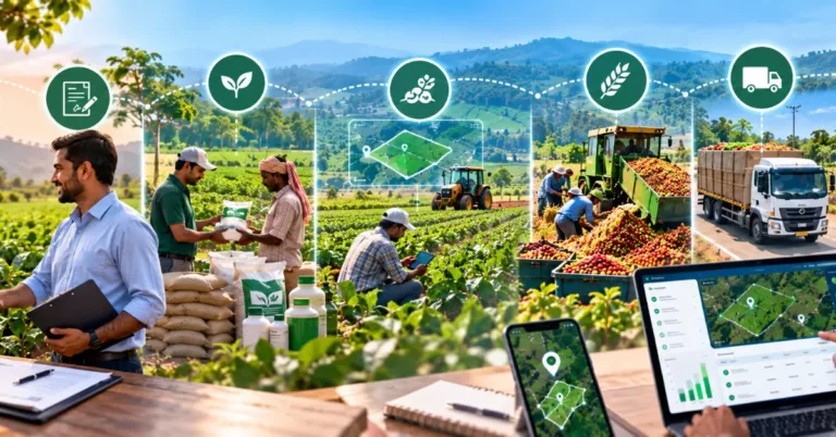 An agribusiness officer shaking hands with a farmer over a contract, input bags, a field officer with a tablet, tractor harvesting, truck transport and processing, linked by an eight-icon chain with a dashboard and mobile plot view