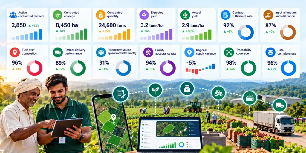 A fourteen-tile dashboard of contract farming metrics including active contracted farmers, contracted acreage and quantity, expected and actual yield, contract fulfilment, input utilization, field visits, delivery performance, quality acceptance and traceability coverage