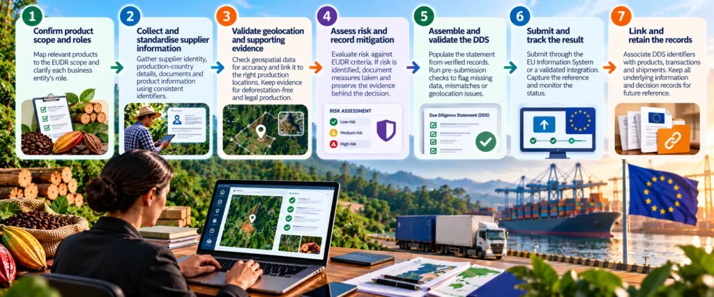 A seven-step DDS automation workflow: confirm product scope and roles, collect and standardise supplier information, validate geolocation and supporting evidence, assess risk and record mitigation, assemble and validate the DDS, submit and track the result, and link and retain the records
